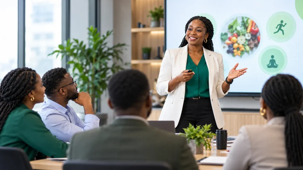 Diet Voice facilitator presenting a nutrition session to a team in a meeting room