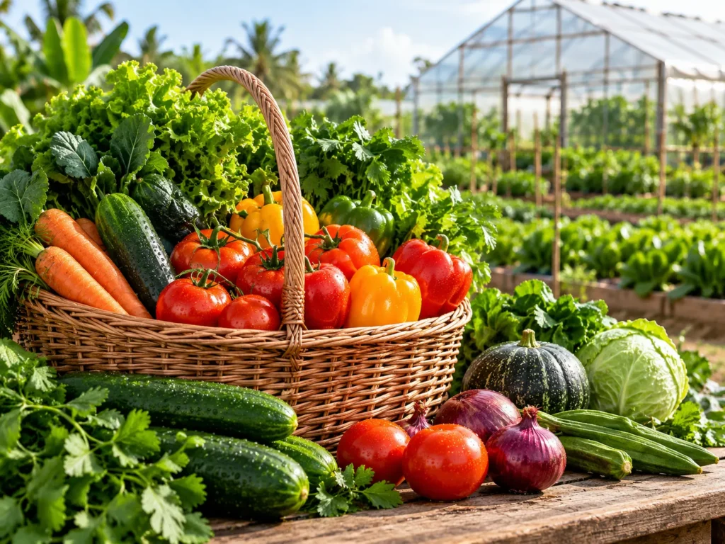 Basket of fresh tomatoes, peppers and greens beside the Diet Voice greenhouse