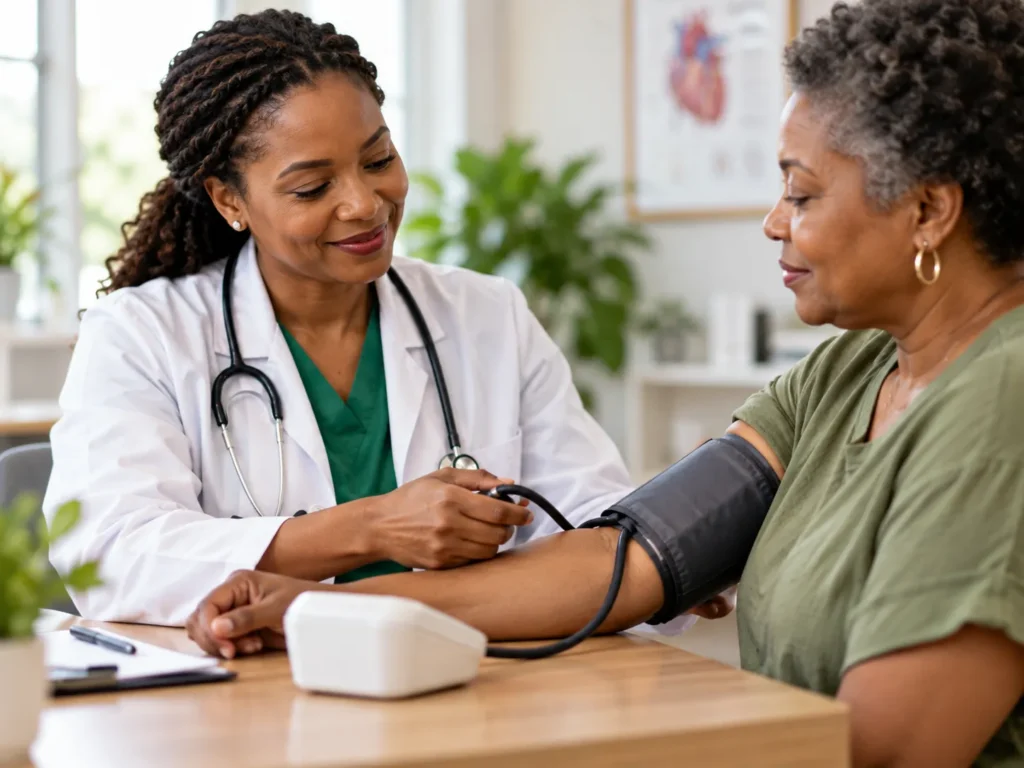 Health professional checking a woman’s blood pressure