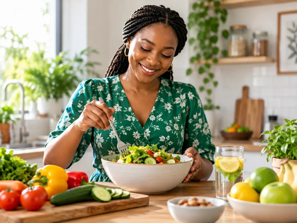 Woman enjoying a fresh salad in her kitchen