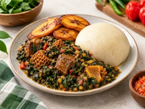 Efo riro with pounded yam and fried plantain