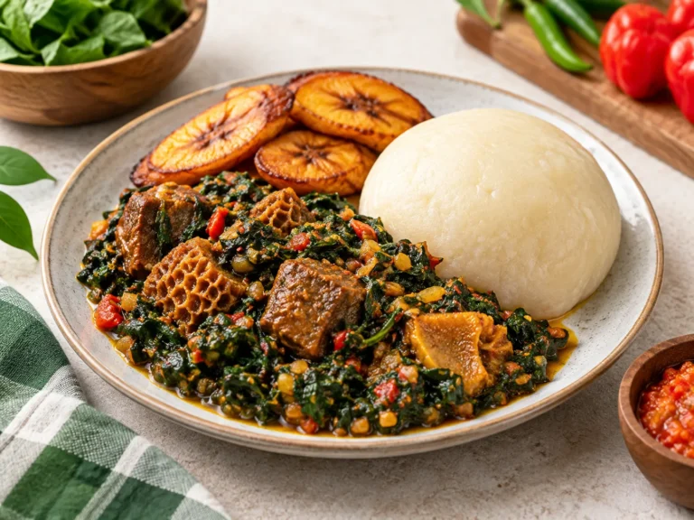 Efo riro with pounded yam and fried plantain