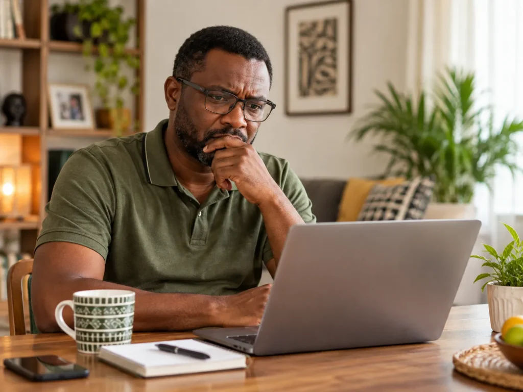 Man at a laptop frowning as he reads conflicting health advice online