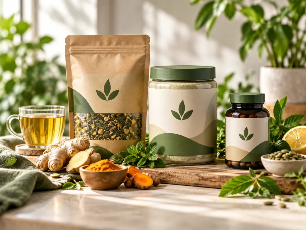 Diet Voice herbal tea, supplement jar and capsules with ginger, turmeric and fresh mint