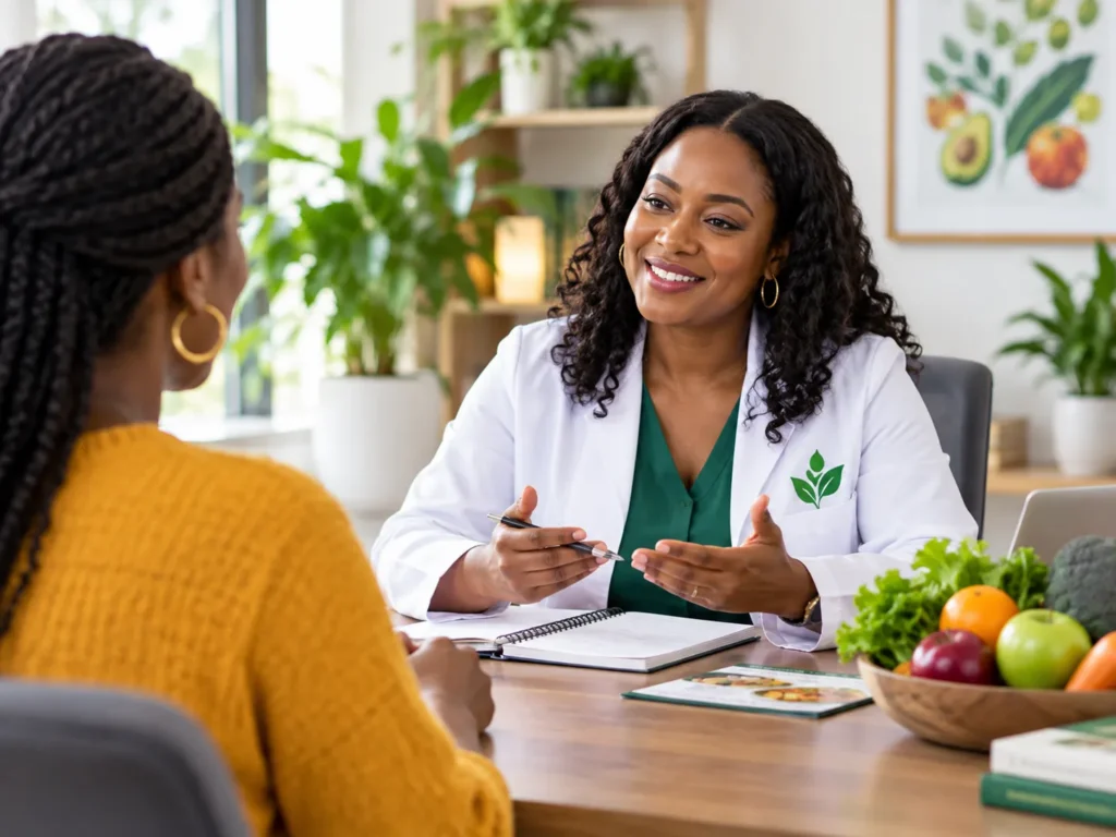 Diet Voice nutritionist in a white coat talking with a client during a one-on-one consultation