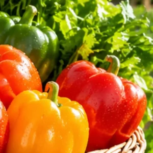 Red, yellow and green sweet peppers
