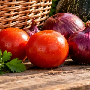 Ripe tomatoes, peppers and red onions