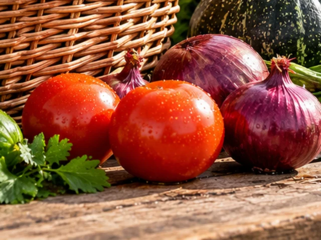 Ripe tomatoes, peppers and red onions