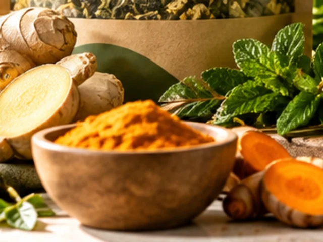 Fresh turmeric and ginger root with ground turmeric
