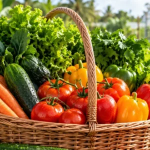 Mixed vegetable basket of tomatoes, peppers, carrots and greens