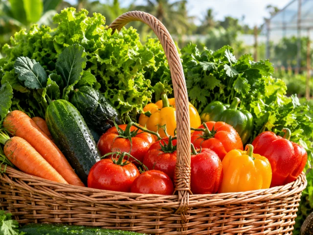 Mixed vegetable basket of tomatoes, peppers, carrots and greens
